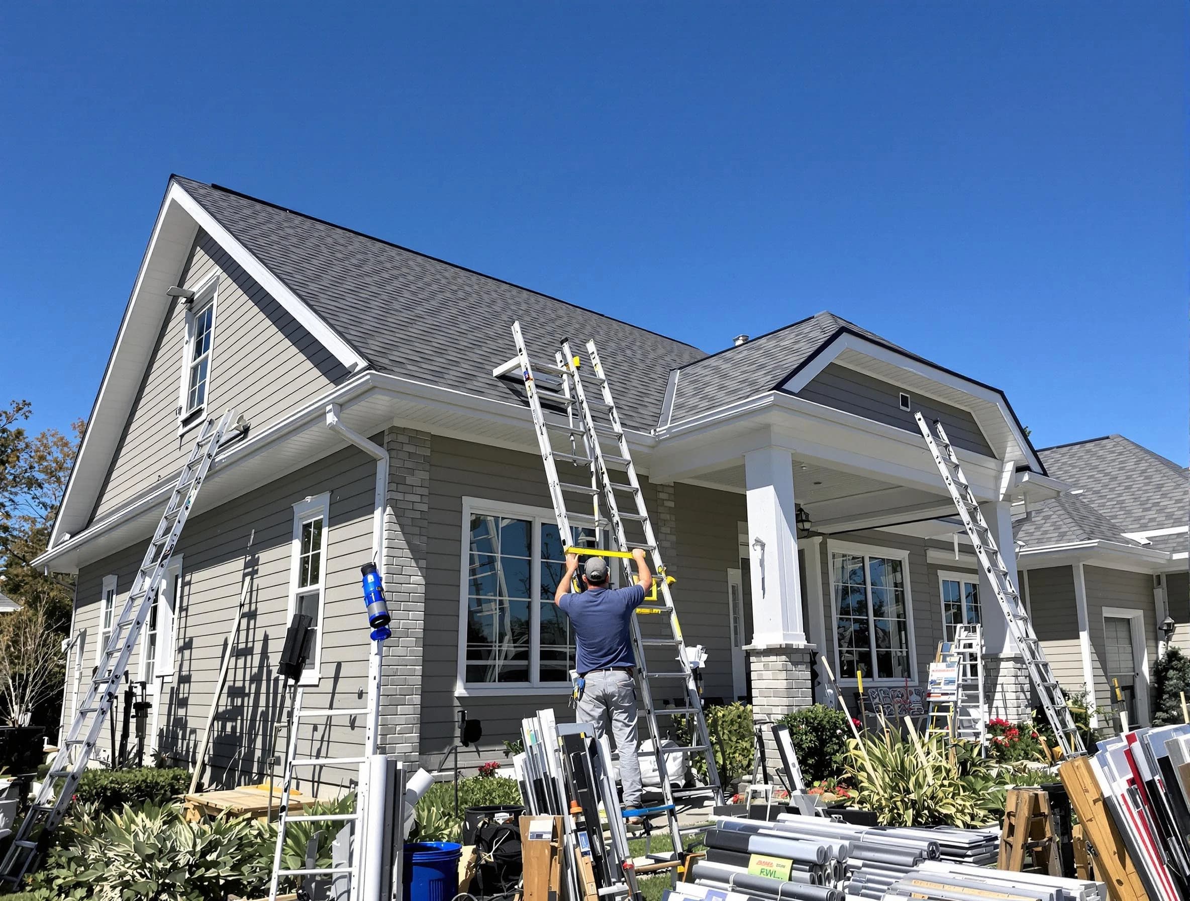 Kent Roofing Company fitting rain gutters at a home in Kent, OH